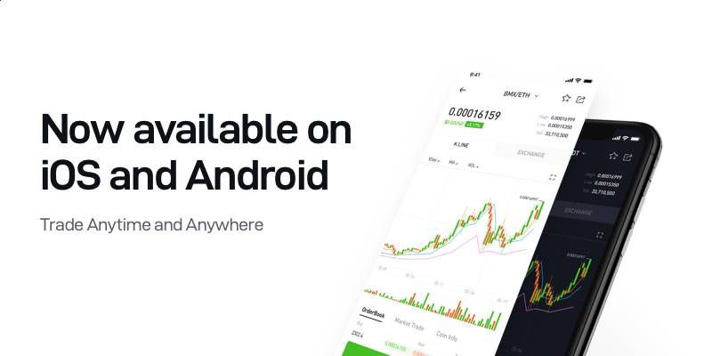 iOS and Android availability text beside two trading screens